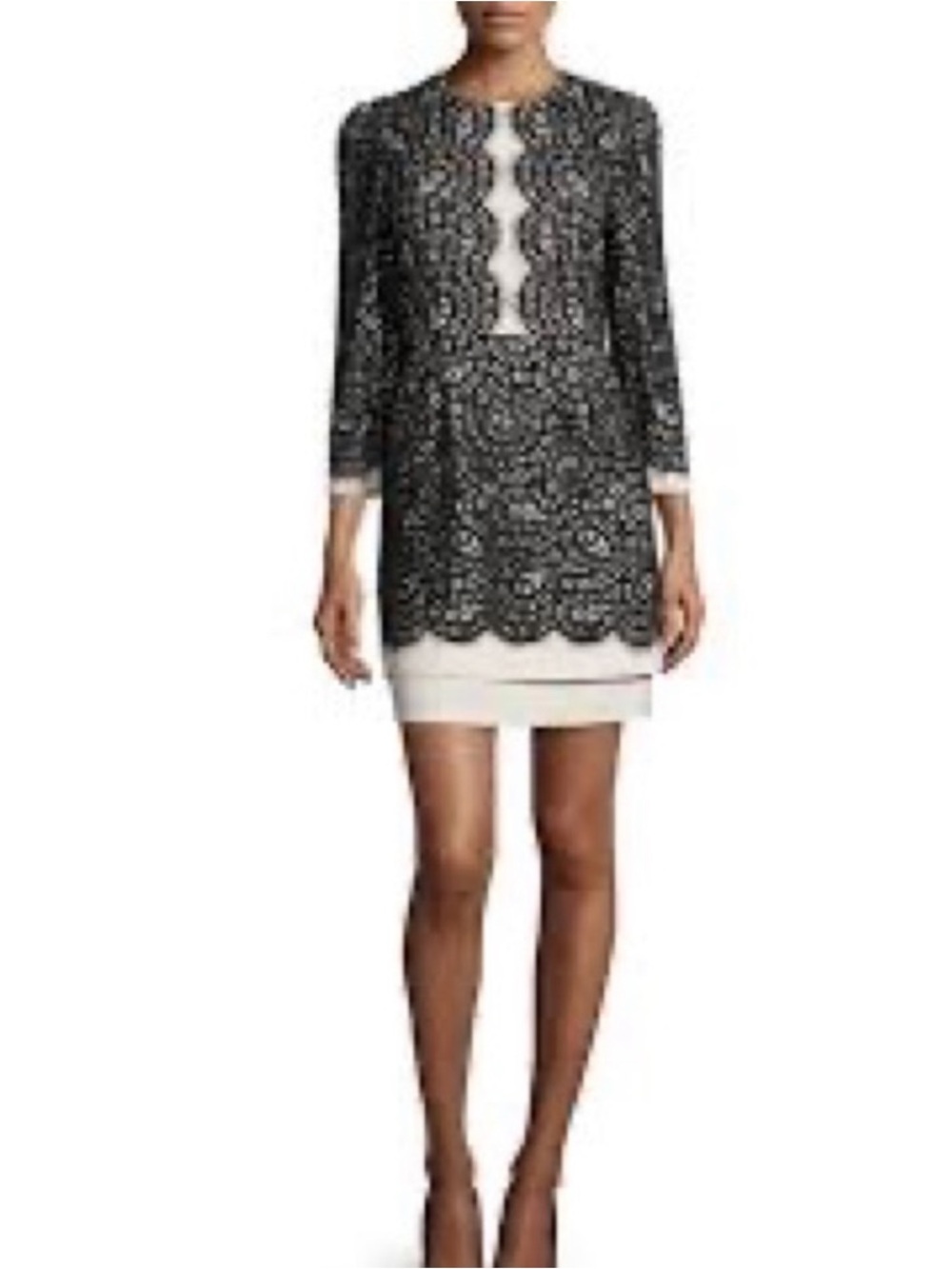 BCBGMaxAzria Black Lace Overlay with Cream Mini Dress